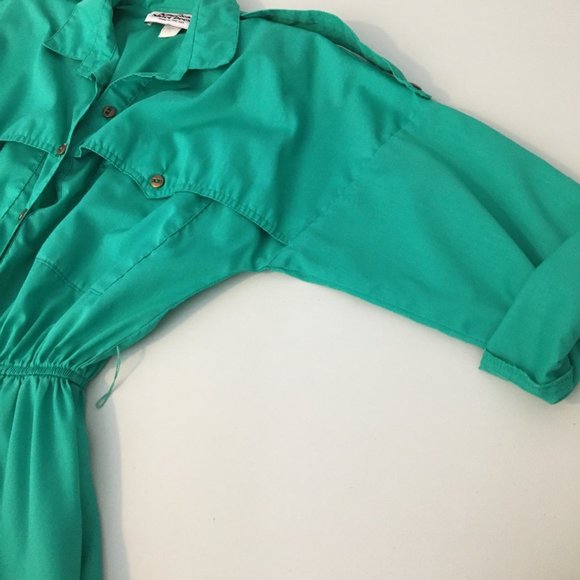 Vintage 80s Day Dress, Green Shirt Dress, Vintage Dress with Pockets Size Medium - Picture 8 of 14